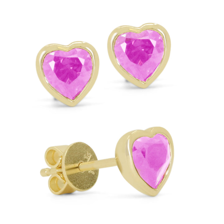 Beautiful Hand Crafted 14K Yellow Gold 5MM Created Pink Sapphire And Diamond Essentials Collection Stud Earrings With A Push Back Closure