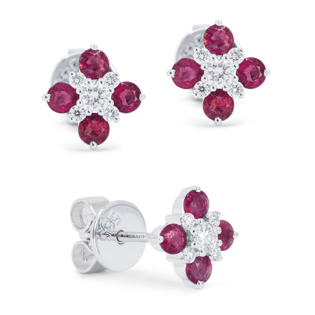 Beautiful Hand Crafted 14K White Gold 2MM Ruby And Diamond Arianna Collection Stud Earrings With A Push Back Closure