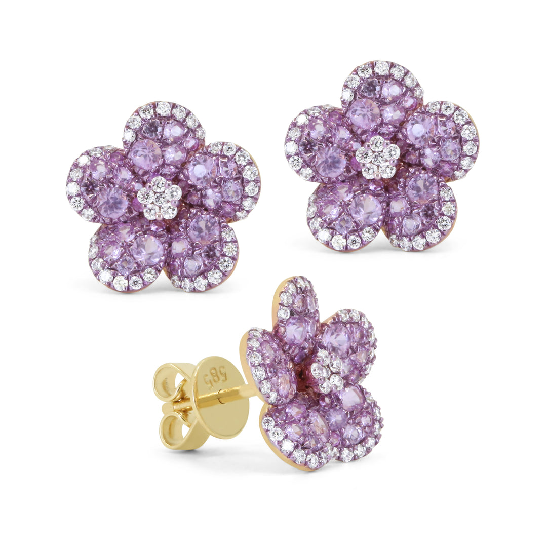 Beautiful Hand Crafted 14K Yellow Gold  Pink Sapphire And Diamond Arianna Collection Stud Earrings With A Push Back Closure