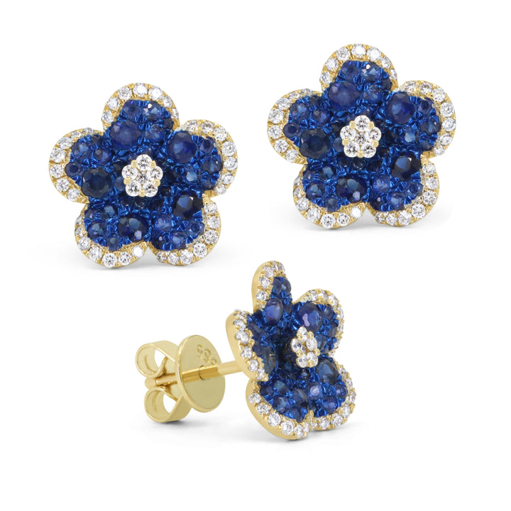 Beautiful Hand Crafted 14K Yellow Gold  Sapphire And Diamond Arianna Collection Stud Earrings With A Push Back Closure