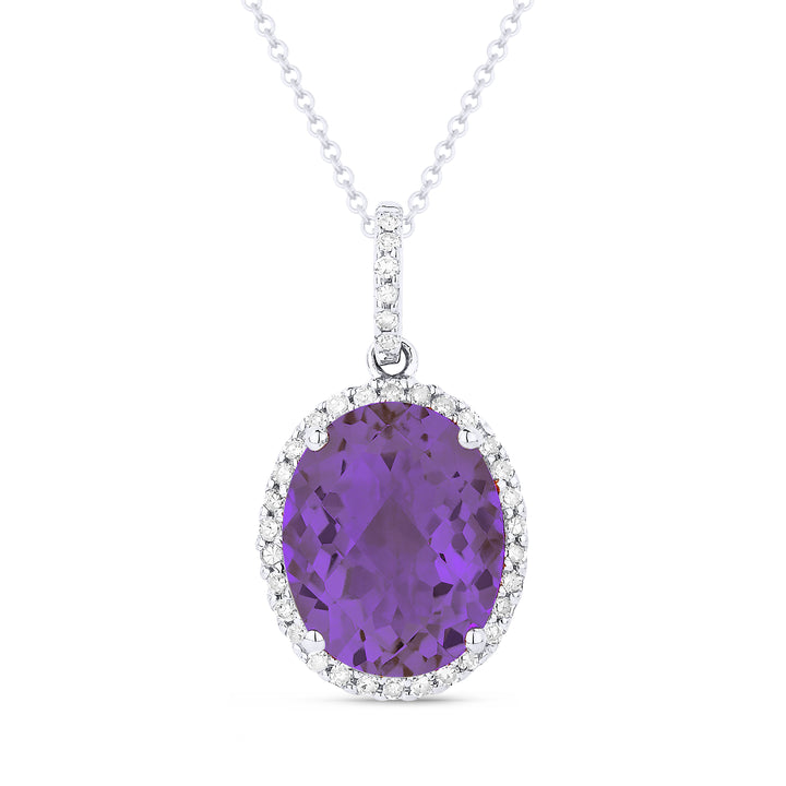 Beautiful Hand Crafted 14K White Gold 8x10MM Amethyst And Diamond Essentials Collection Pendant