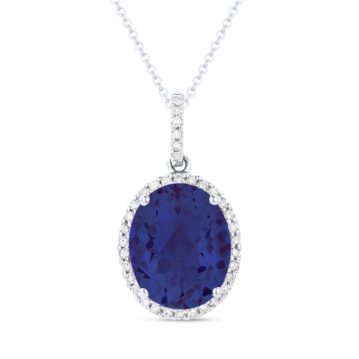 Beautiful Hand Crafted 14K White Gold 8x10MM Created Sapphire And Diamond Essentials Collection Pendant