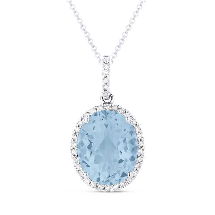 Beautiful Hand Crafted 14K White Gold 8x10MM Blue Topaz And Diamond Essentials Collection Pendant