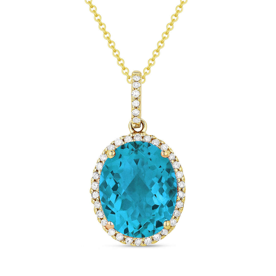 Beautiful Hand Crafted 14K Yellow Gold 8x10MM Created Tourmaline Paraiba And Diamond Essentials Collection Pendant