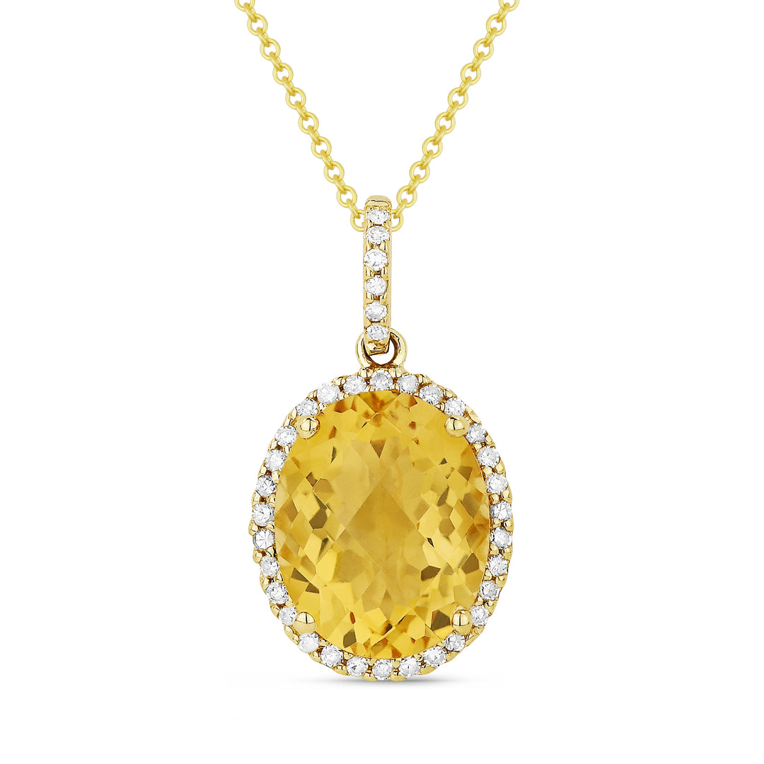 Beautiful Hand Crafted 14K Yellow Gold 8x10MM Citrine And Diamond Essentials Collection Pendant