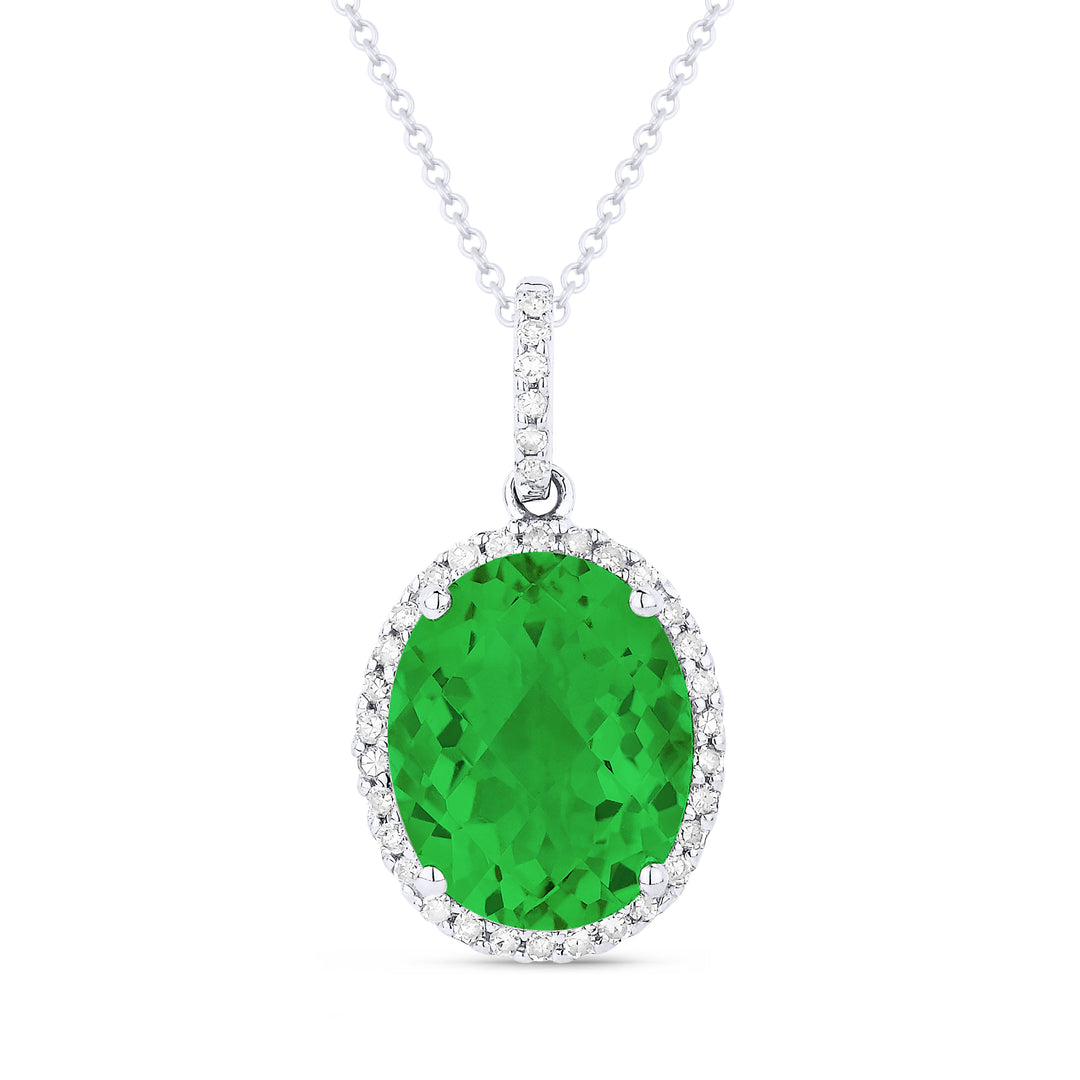 Beautiful Hand Crafted 14K White Gold 8x10MM Created Emerald And Diamond Essentials Collection Pendant