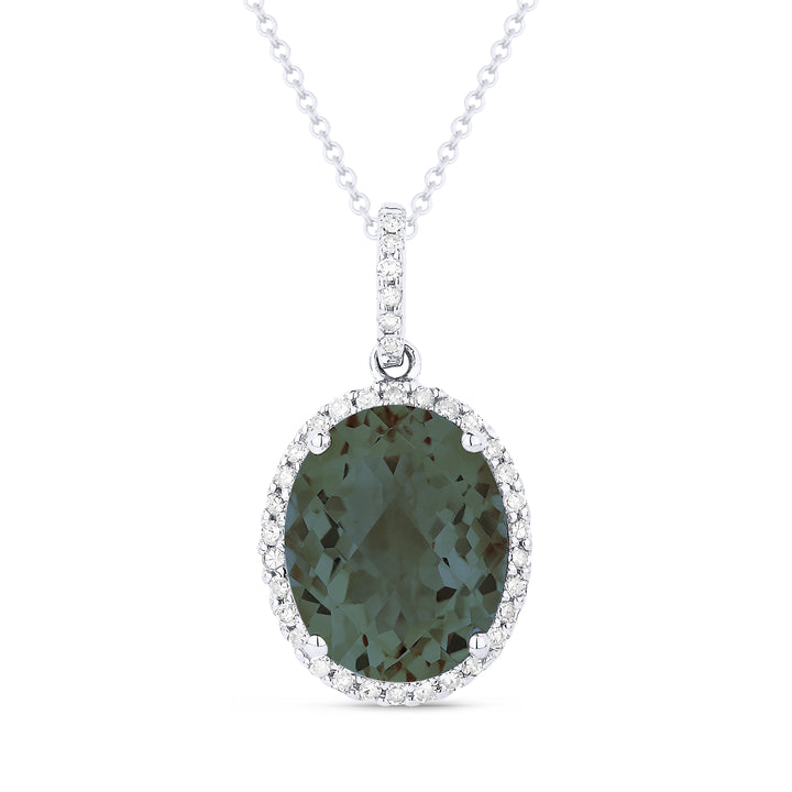 Beautiful Hand Crafted 14K White Gold 8x10MM Created Green Spinel And Diamond Essentials Collection Pendant