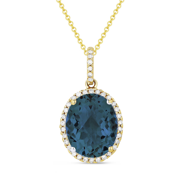 Beautiful Hand Crafted 14K Yellow Gold 8x10MM London Blue Topaz And Diamond Essentials Collection Pendant