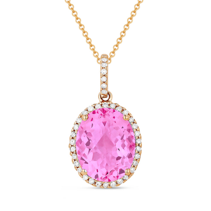 Beautiful Hand Crafted 14K Rose Gold 8x10MM Created Pink Sapphire And Diamond Essentials Collection Pendant