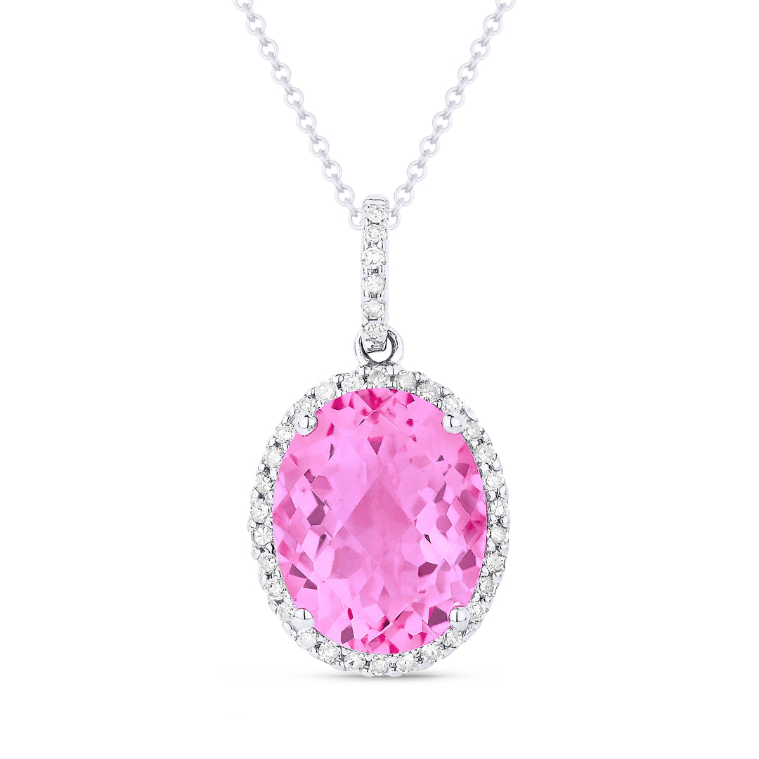 Beautiful Hand Crafted 14K White Gold 8x10MM Created Pink Sapphire And Diamond Essentials Collection Pendant