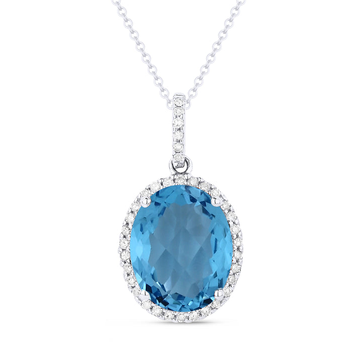 Beautiful Hand Crafted 14K White Gold 8x10MM Swiss Blue Topaz And Diamond Essentials Collection Pendant