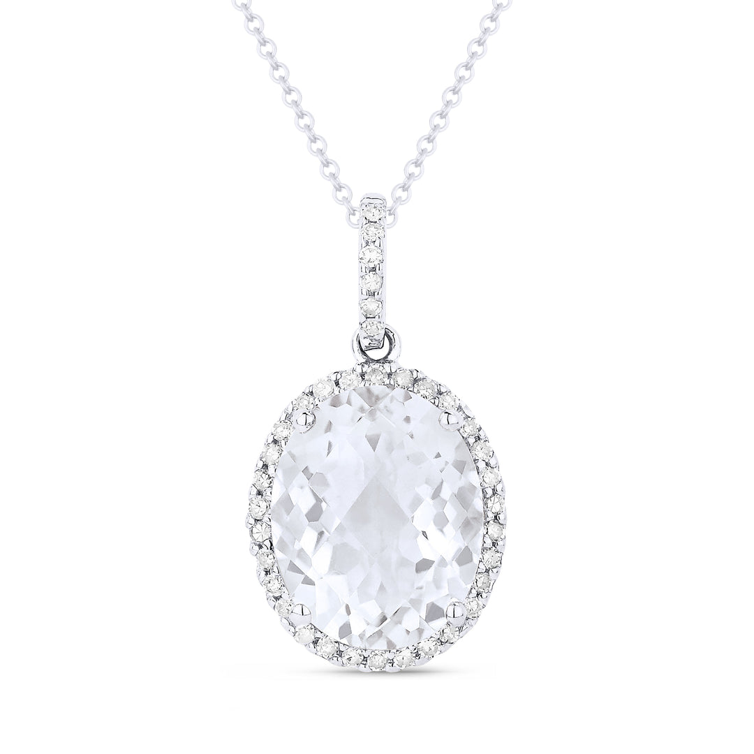 Beautiful Hand Crafted 14K White Gold 8x10MM White Topaz And Diamond Essentials Collection Pendant