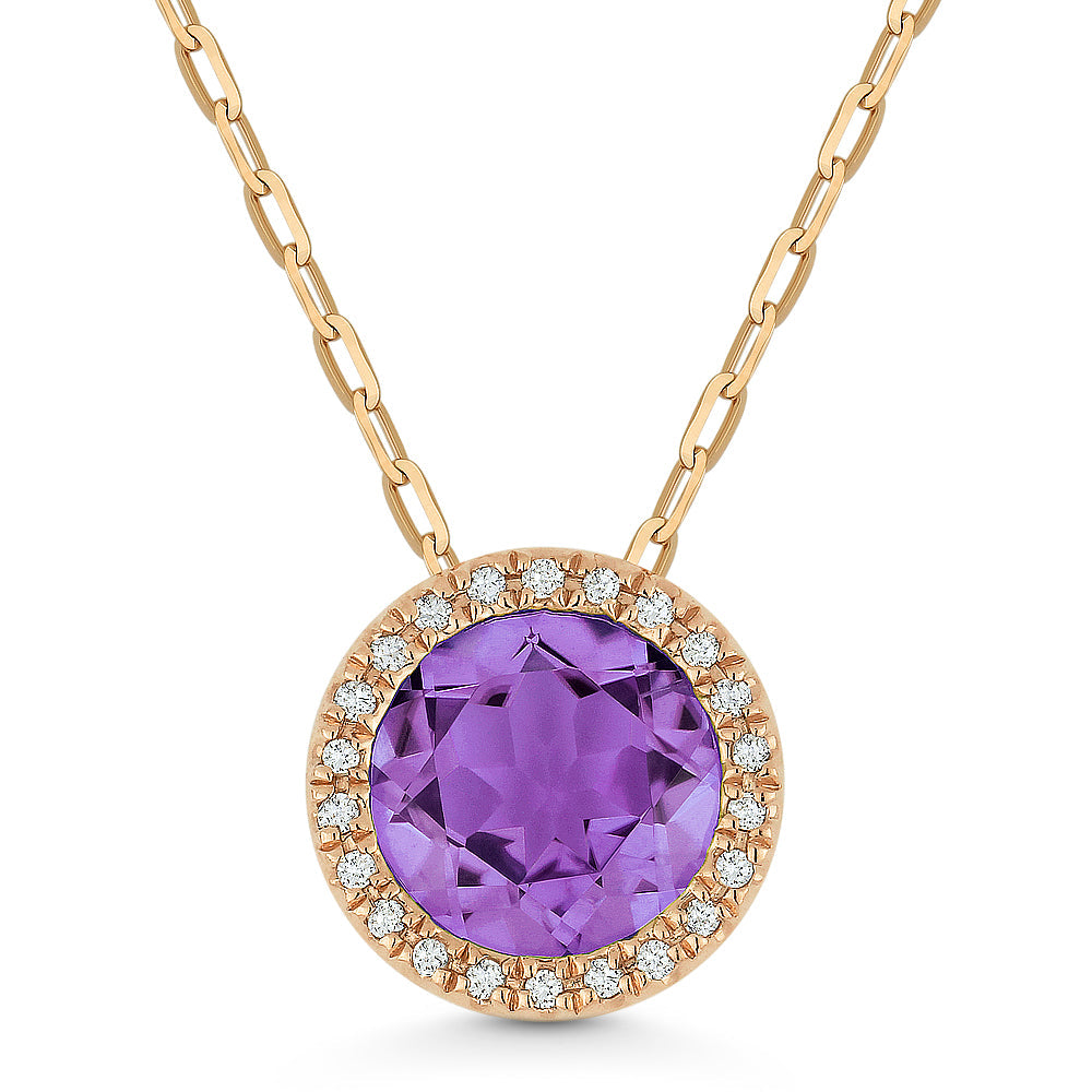 Beautiful Hand Crafted 14K Rose Gold 7MM Amethyst And Diamond Essentials Collection Pendant