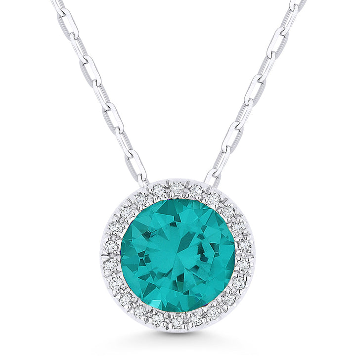 Beautiful Hand Crafted 14K White Gold 7MM Created Tourmaline Paraiba And Diamond Essentials Collection Pendant