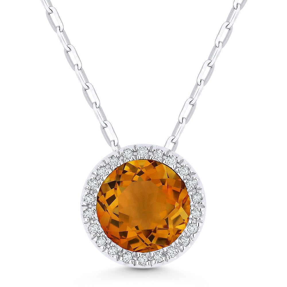 Beautiful Hand Crafted 14K White Gold 7MM Citrine And Diamond Essentials Collection Pendant