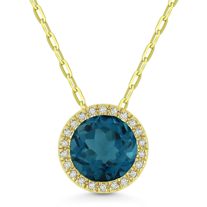 Beautiful Hand Crafted 14K Yellow Gold 7MM London Blue Topaz And Diamond Essentials Collection Pendant