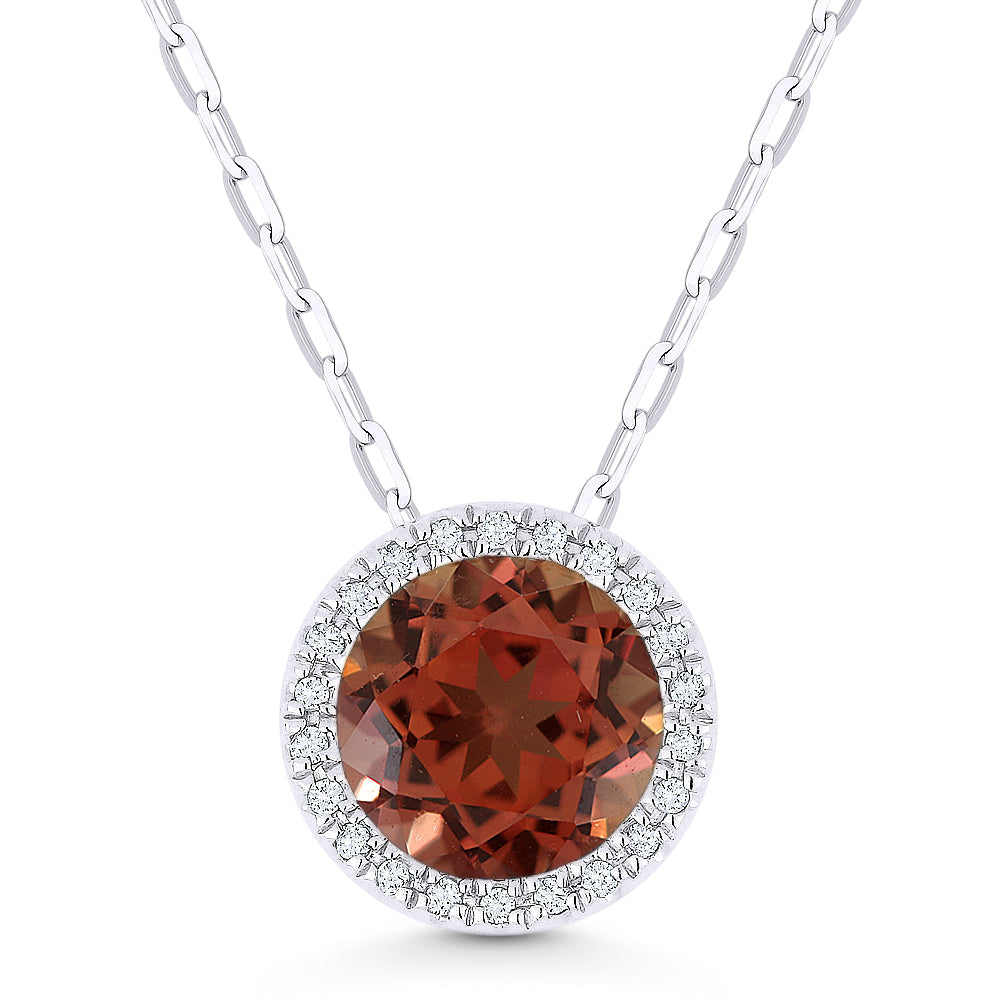 Beautiful Hand Crafted 14K White Gold 7MM Created Padparadscha And Diamond Essentials Collection Pendant