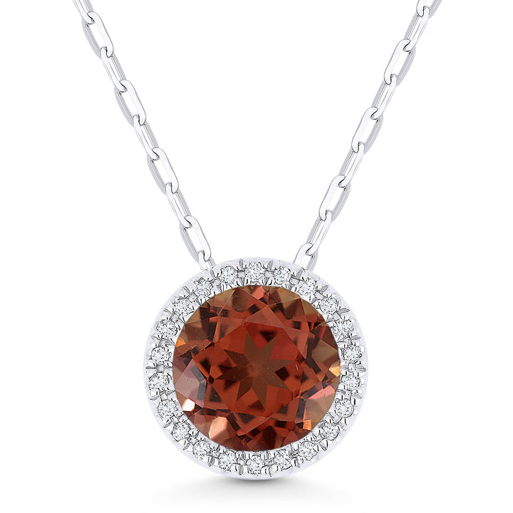 Beautiful Hand Crafted 14K White Gold 7MM Created Padparadscha And Diamond Essentials Collection Pendant