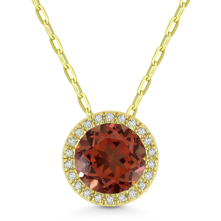 Beautiful Hand Crafted 14K Yellow Gold 7MM Created Padparadscha And Diamond Essentials Collection Pendant