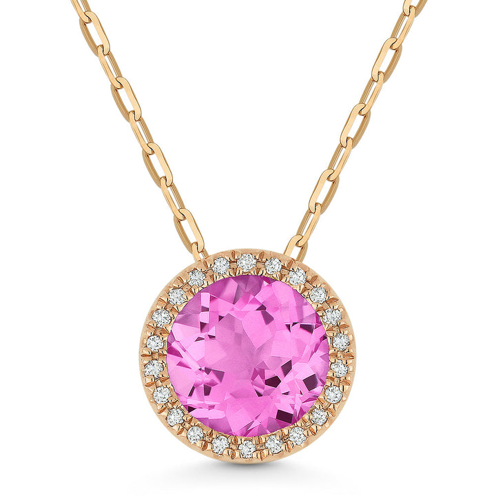 Beautiful Hand Crafted 14K Rose Gold 7MM Created Pink Sapphire And Diamond Essentials Collection Pendant
