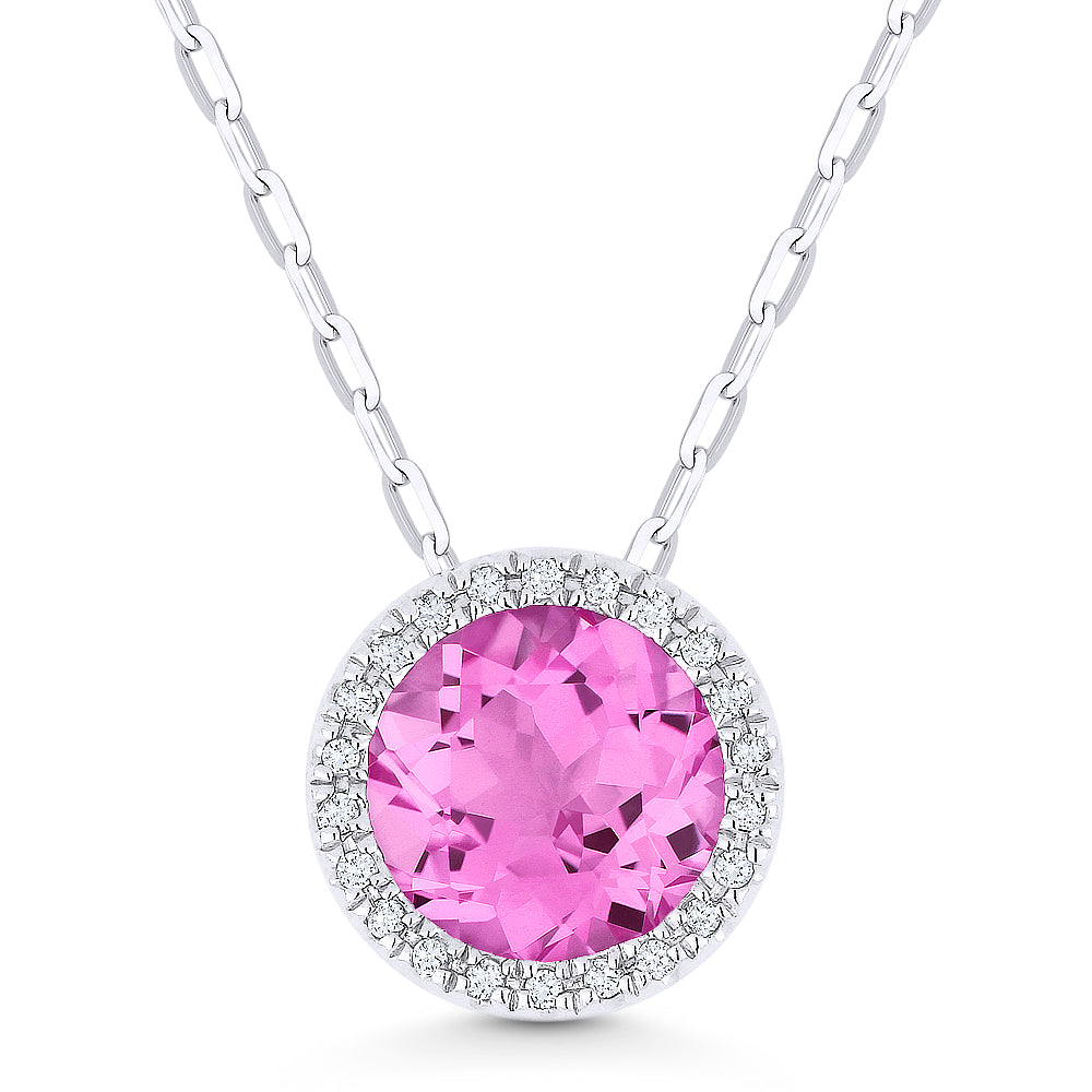 Beautiful Hand Crafted 14K White Gold 7MM Created Pink Sapphire And Diamond Essentials Collection Pendant