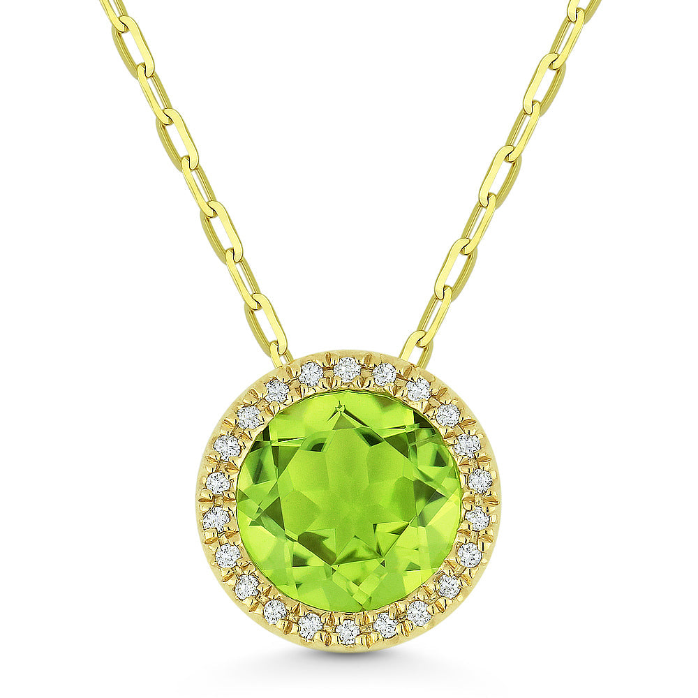 Beautiful Hand Crafted 14K Yellow Gold 7MM Peridot And Diamond Essentials Collection Pendant