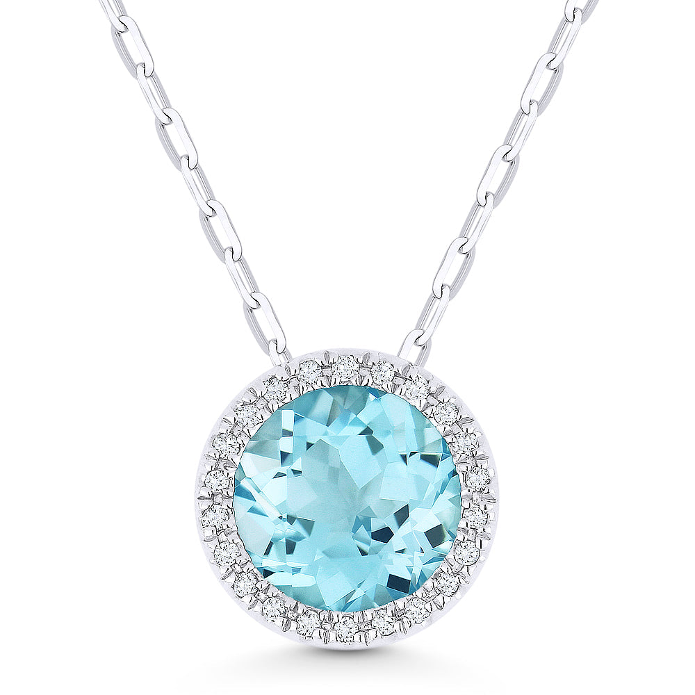 Beautiful Hand Crafted 14K White Gold 7MM Swiss Blue Topaz And Diamond Essentials Collection Pendant
