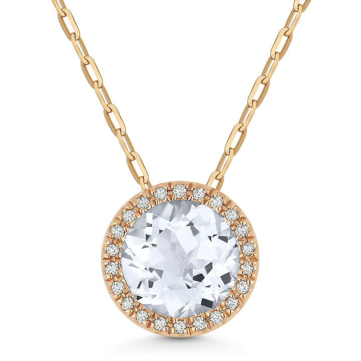 Beautiful Hand Crafted 14K Rose Gold 7MM White Topaz And Diamond Essentials Collection Pendant