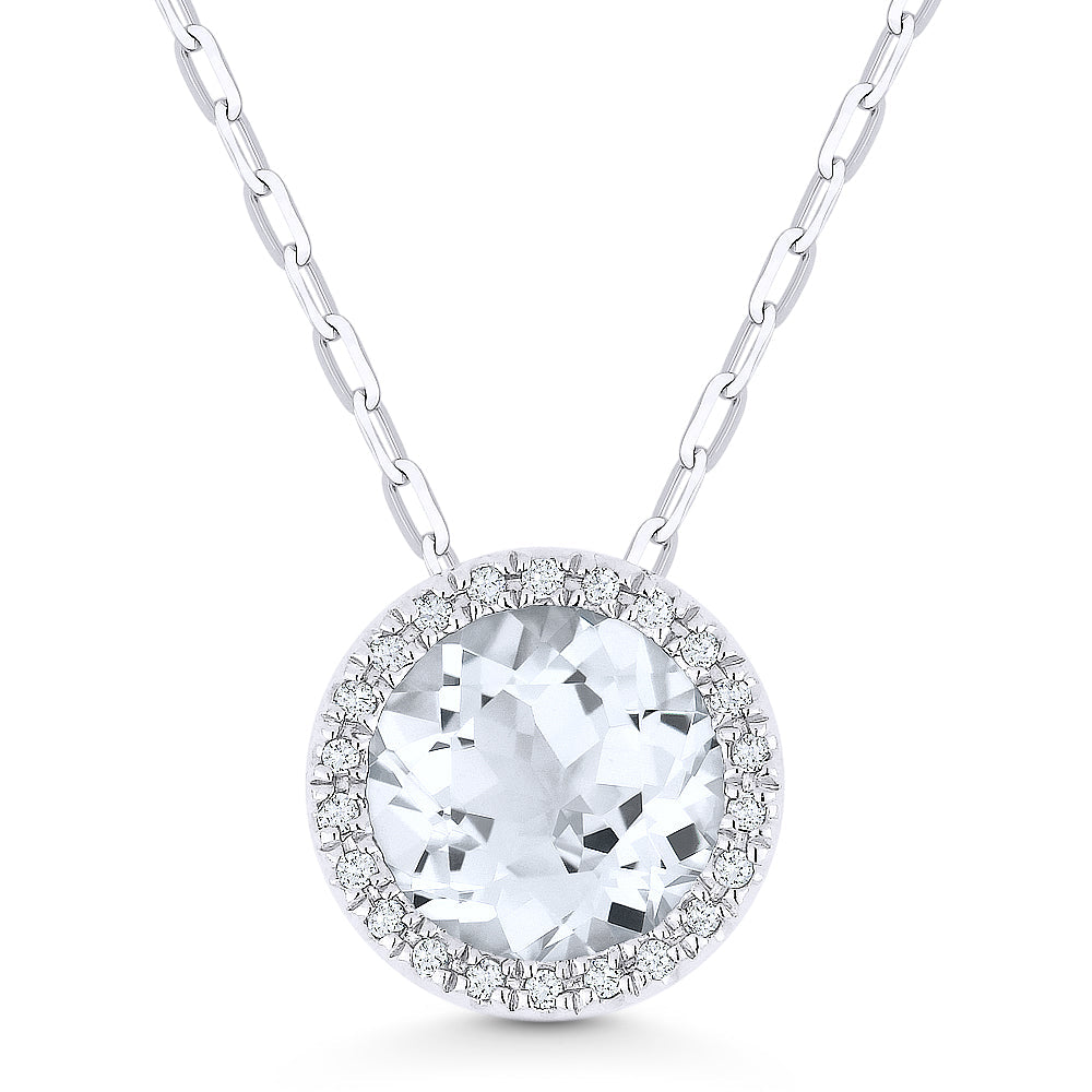 Beautiful Hand Crafted 14K White Gold 7MM White Topaz And Diamond Essentials Collection Pendant
