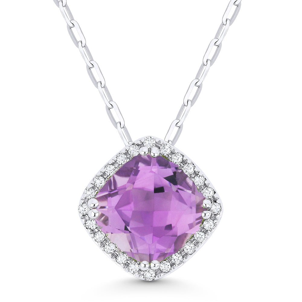 Beautiful Hand Crafted 14K White Gold 7MM Amethyst And Diamond Essentials Collection Pendant