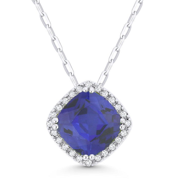 Beautiful Hand Crafted 14K White Gold 7MM Created Sapphire And Diamond Essentials Collection Pendant