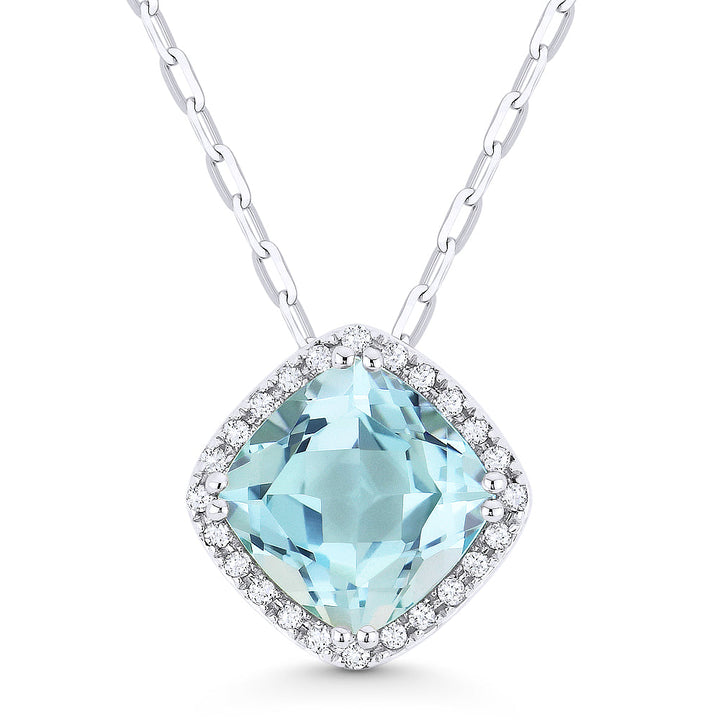 Beautiful Hand Crafted 14K White Gold 7MM Blue Topaz And Diamond Essentials Collection Pendant