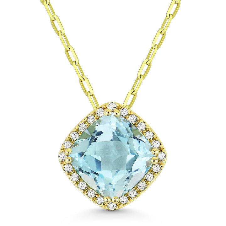 Beautiful Hand Crafted 14K Yellow Gold 7MM Blue Topaz And Diamond Essentials Collection Pendant