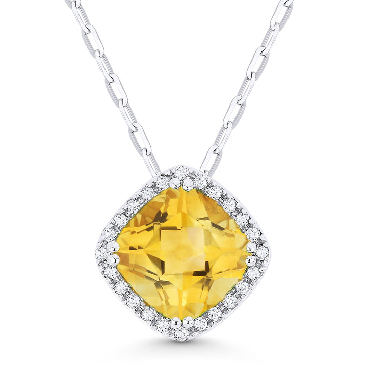 Beautiful Hand Crafted 14K White Gold 7MM Citrine And Diamond Essentials Collection Pendant