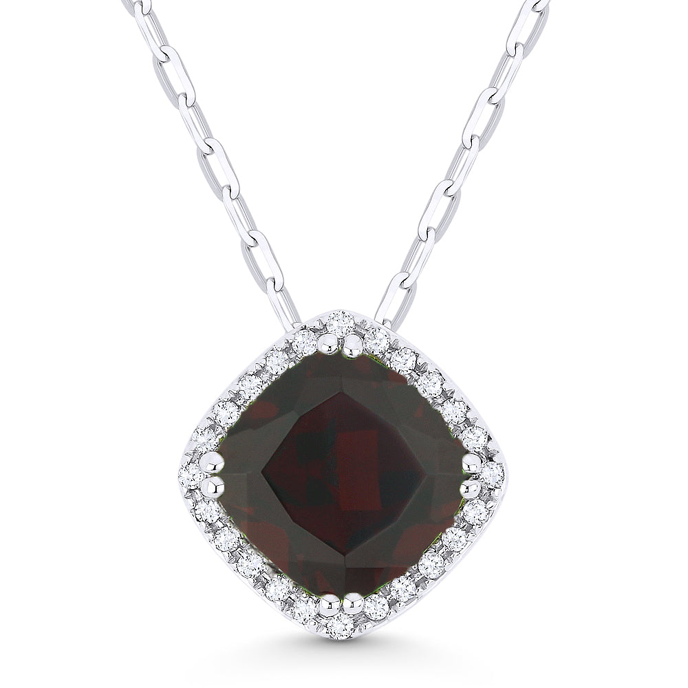 Beautiful Hand Crafted 14K White Gold 7MM Garnet And Diamond Essentials Collection Pendant