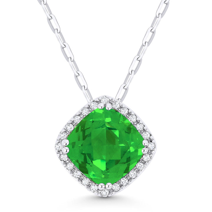 Beautiful Hand Crafted 14K White Gold 7MM Created Emerald And Diamond Essentials Collection Pendant
