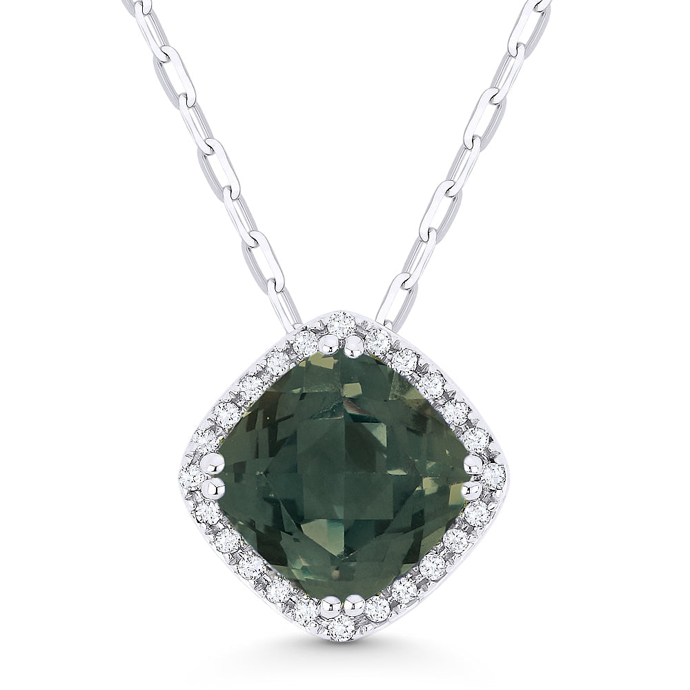 Beautiful Hand Crafted 14K White Gold 7MM Created Green Spinel And Diamond Essentials Collection Pendant