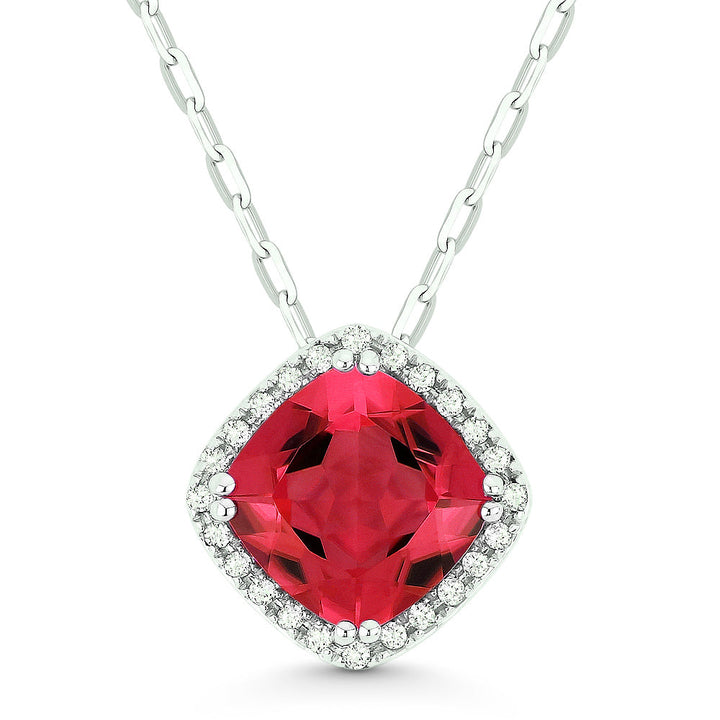 Beautiful Hand Crafted 14K White Gold 7MM Created Ruby And Diamond Essentials Collection Pendant