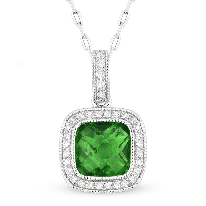 Beautiful Hand Crafted 14K White Gold 7MM Created Emerald And Diamond Eclectica Collection Pendant