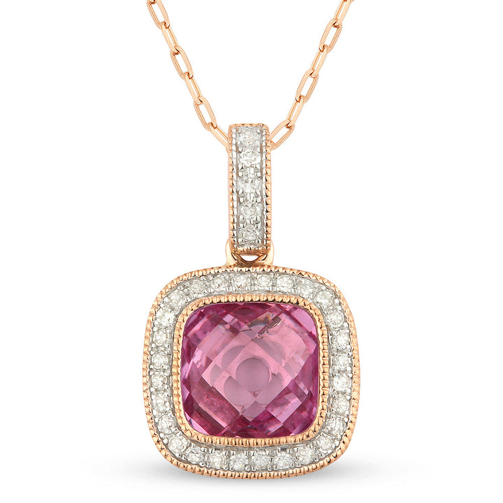 Beautiful Hand Crafted 14K Rose Gold 7MM Created Pink Sapphire And Diamond Eclectica Collection Pendant
