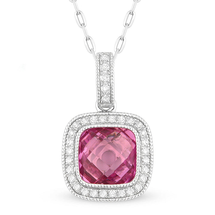 Beautiful Hand Crafted 14K White Gold 7MM Created Pink Sapphire And Diamond Eclectica Collection Pendant