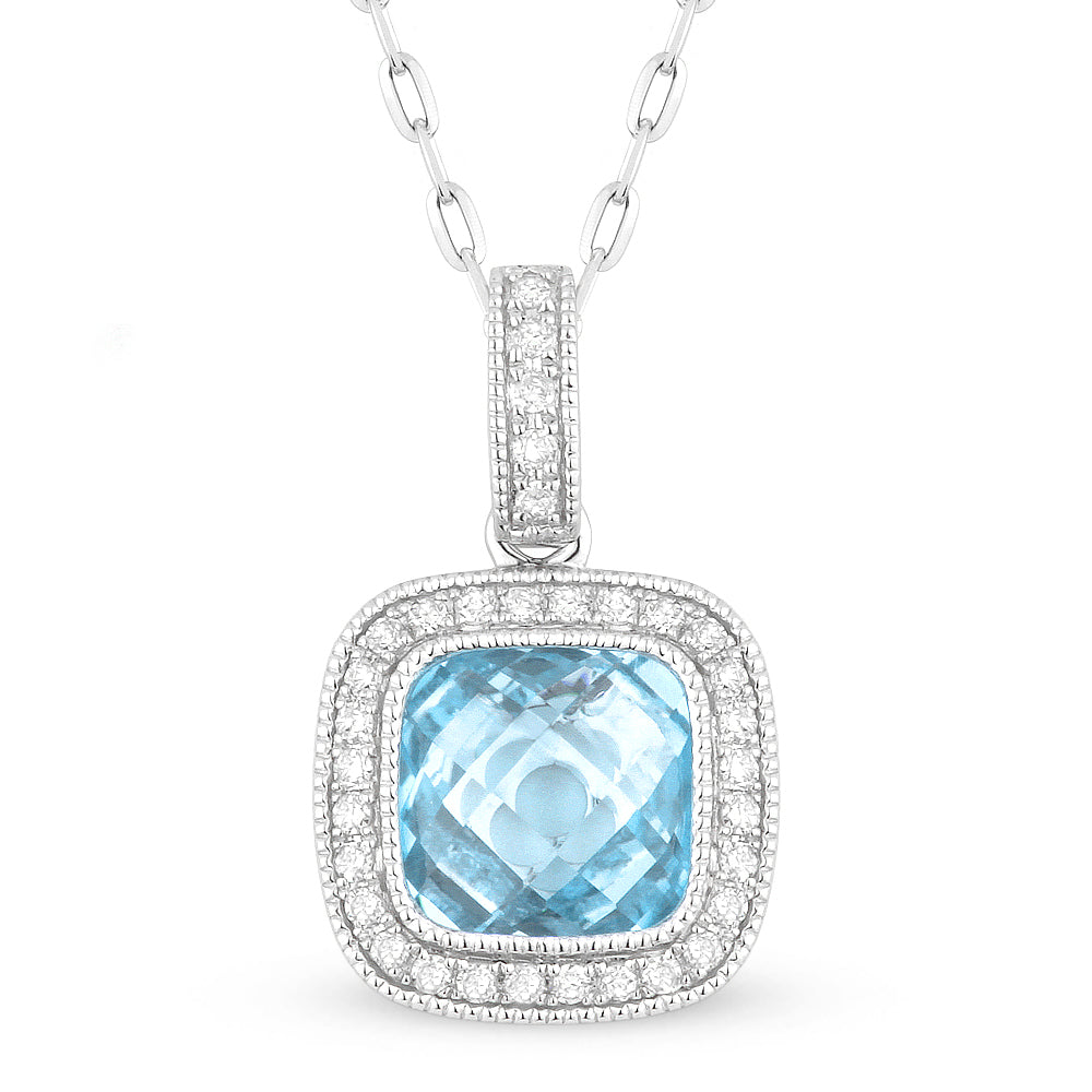 Beautiful Hand Crafted 14K White Gold 7MM Swiss Blue Topaz And Diamond Eclectica Collection Pendant