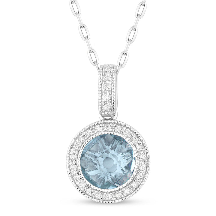 Beautiful Hand Crafted 14K White Gold 7MM Blue Topaz And Diamond Eclectica Collection Pendant