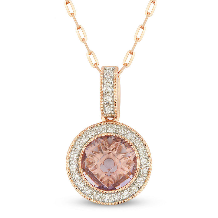 Beautiful Hand Crafted 14K Rose Gold 7MM Pink Amethyst And Diamond Eclectica Collection Pendant