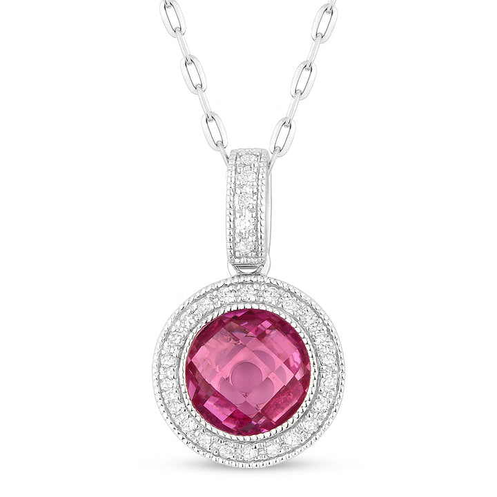 Beautiful Hand Crafted 14K White Gold 7MM Created Pink Sapphire And Diamond Eclectica Collection Pendant