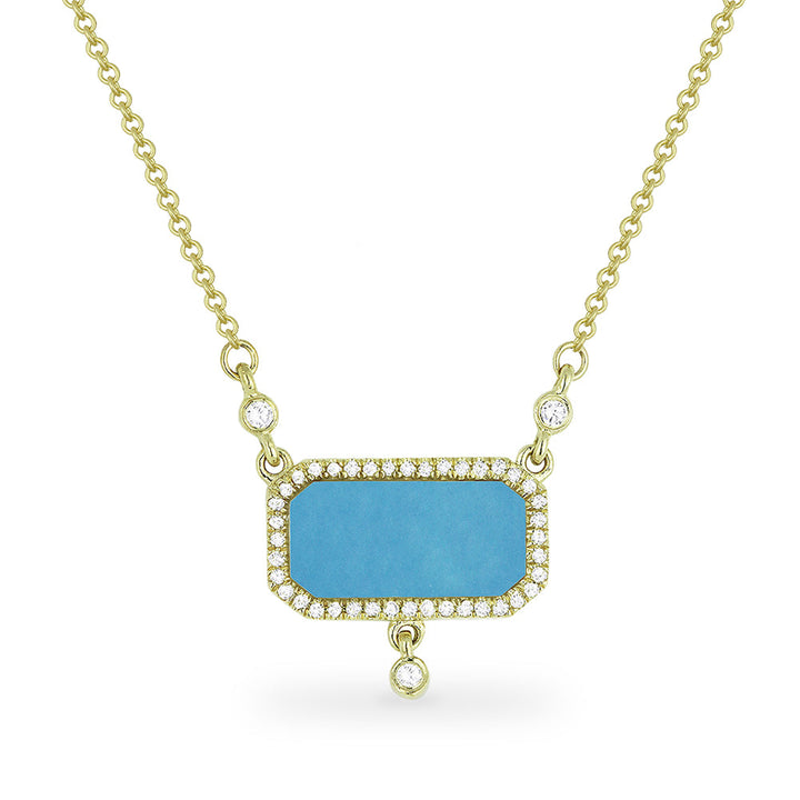 Beautiful Hand Crafted 14K Yellow Gold 6x12MM Turquoise And Diamond Stiletto Collection Necklace