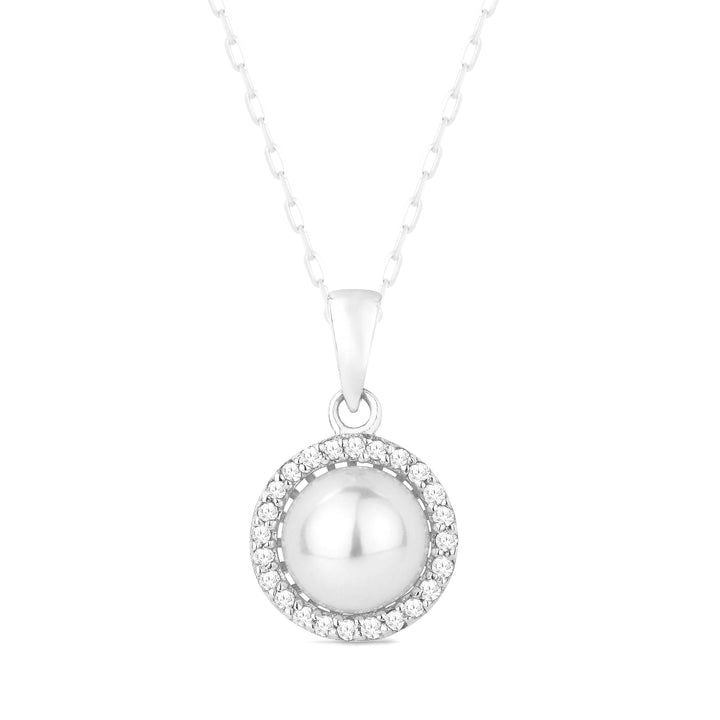 Beautiful Hand Crafted 14K White Gold 6MM Pearl And Diamond Essentials Collection Pendant