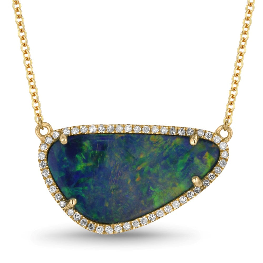 Beautiful Hand Crafted 14K Yellow Gold  Boulder Opal And Diamond Essentials Collection Necklace