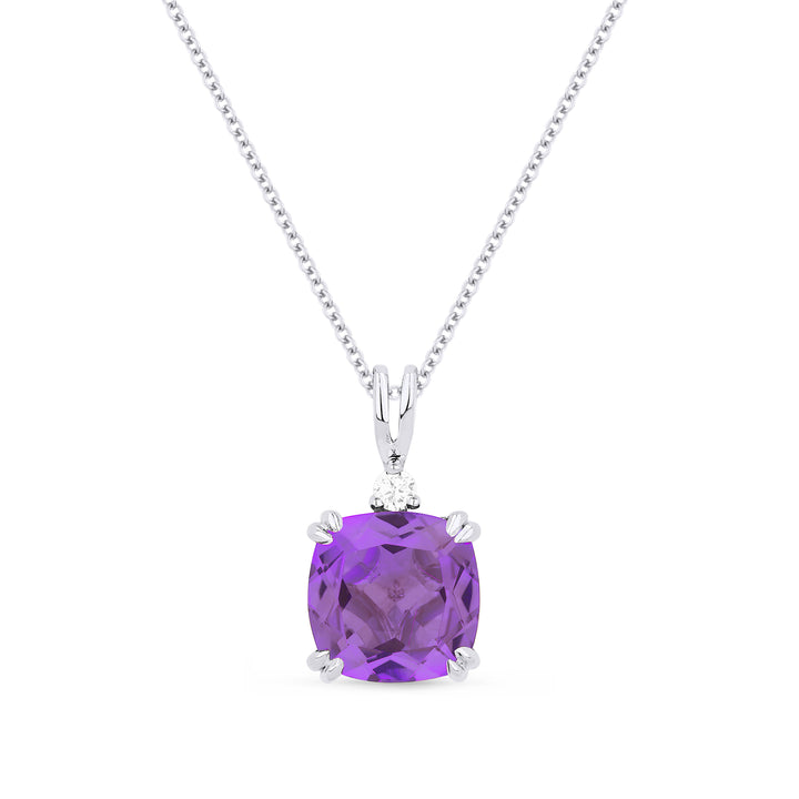 Beautiful Hand Crafted 14K White Gold 8MM Amethyst And Diamond Essentials Collection Pendant
