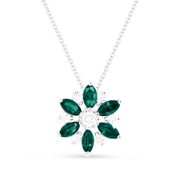 Beautiful Hand Crafted 14K White Gold 2x4MM Emerald And Diamond Arianna Collection Pendant